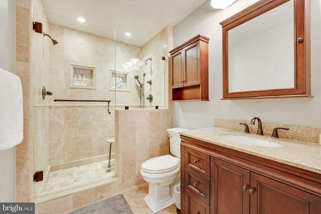 15605 Cedar Tree Ct, Mineral, VA 23117 - full bathroom with vanity, a stall shower, tile patterned flooring, and recessed lighting