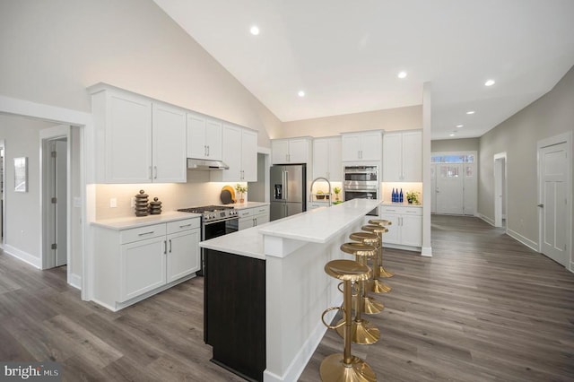 573 Sunset Loop, Mineral, VA 23117 - kitchen featuring appliances with stainless steel finishes, under cabinet range hood, white cabinetry, decorative backsplash, and recessed lighting