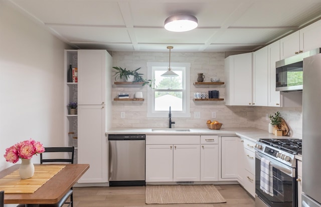 519 Arpia St, Lexington, VA 24450 - kitchen featuring stainless steel appliances, open shelves, a sink, coffered ceiling, and light wood-style flooring