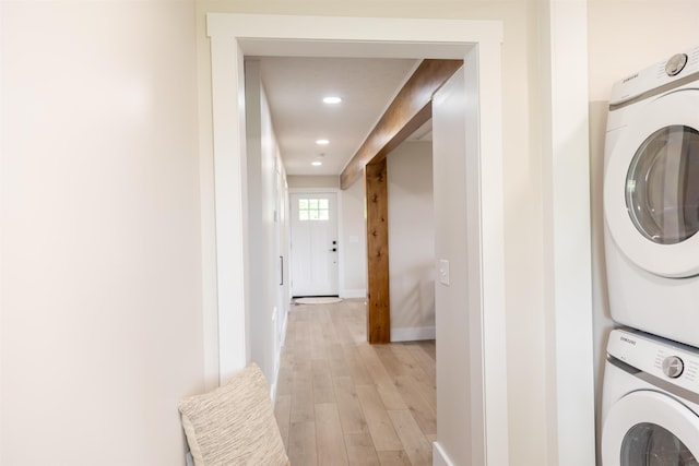 519 Arpia St, Lexington, VA 24450 - laundry area featuring stacked washing machine and dryer, light wood finished floors, recessed lighting, and baseboards