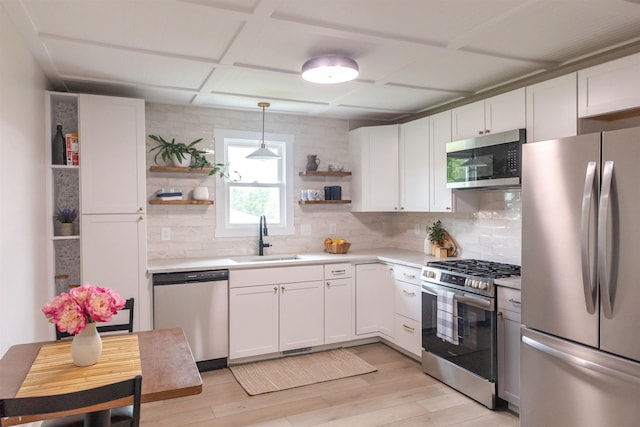 519 Arpia St, Lexington, VA 24450 - kitchen with appliances with stainless steel finishes, open shelves, a sink, light countertops, and light wood-style flooring