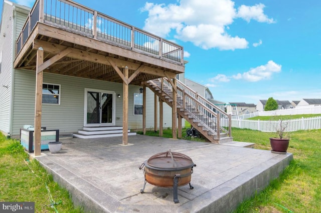9105 Wild Spruce Dr, Fredericksburg, VA 22407 - view of patio / terrace with an outdoor fire pit, stairway, a deck, and entry steps