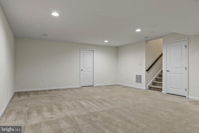 9105 Wild Spruce Dr, Fredericksburg, VA 22407 - below grade area with carpet flooring, stairway, baseboards, and recessed lighting