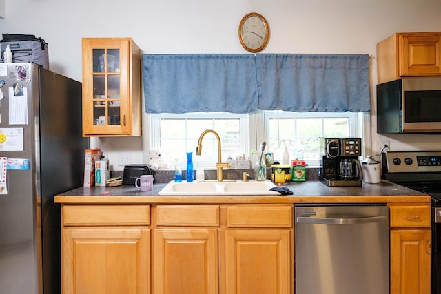 2732 Mountain Valley Rd, Va, VA 22832 - kitchen featuring appliances with stainless steel finishes, glass insert cabinets, and a sink