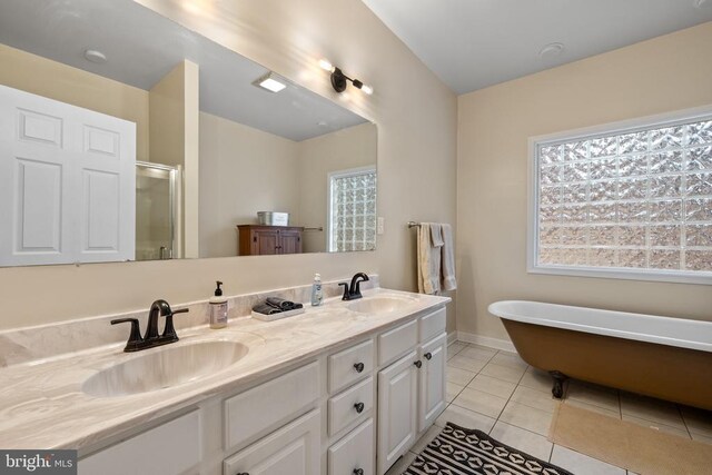 6005 Page Valley Rd, Luray, VA 22835 - full bath featuring healthy amount of natural light, a stall shower, tile patterned floors, and double vanity