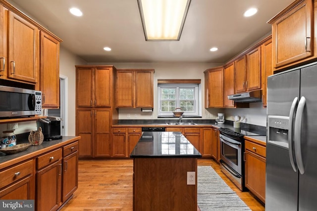 6005 Page Valley Rd, Luray, VA 22835 - kitchen featuring stainless steel appliances, under cabinet range hood, a sink, brown cabinets, and recessed lighting