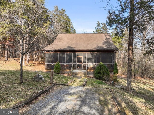 6005 Page Valley Rd, Luray, VA 22835 - rustic home with a sunroom, a front yard, and roof with shingles