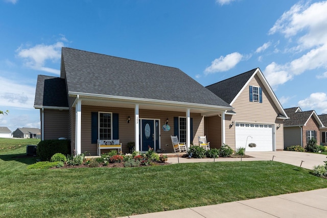 193 Locust Grove Ln, Stuarts Draft, VA 24477 - view of front of house with covered porch, concrete driveway, a front lawn, and roof with shingles