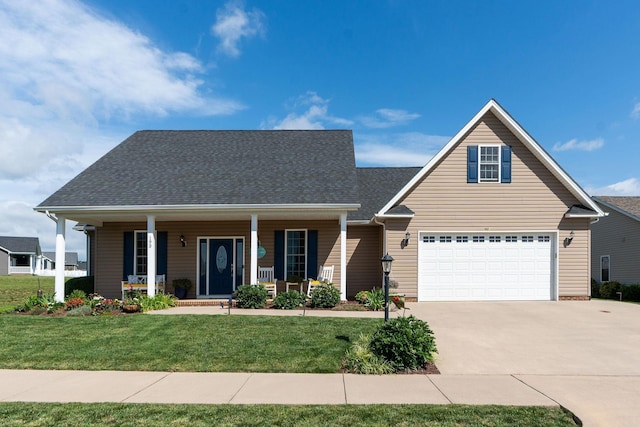 193 Locust Grove Ln, Stuarts Draft, VA 24477 - view of front facade with concrete driveway, covered porch, a front yard, and a shingled roof