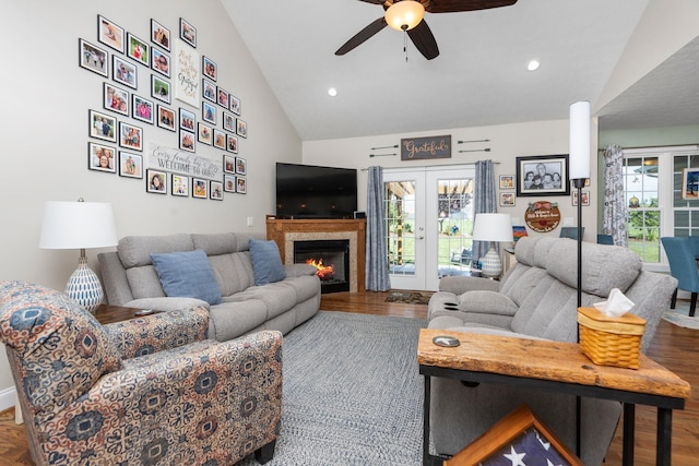 193 Locust Grove Ln, Stuarts Draft, VA 24477 - living area with a ceiling fan, wood finished floors, a glass covered fireplace, recessed lighting, and high vaulted ceiling