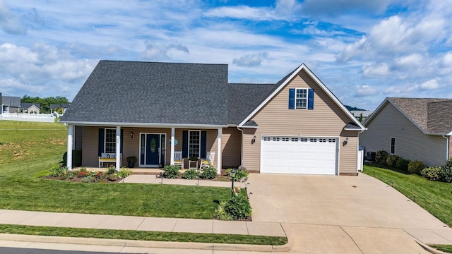 193 Locust Grove Ln, Stuarts Draft, VA 24477 - view of front facade with covered porch, concrete driveway, a front lawn, and roof with shingles