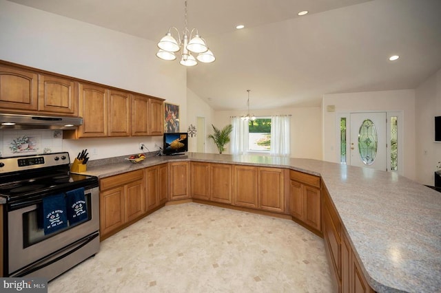 kitchen featuring stainless steel electric range, under cabinet range hood, a chandelier, brown cabinets, and lofted ceiling