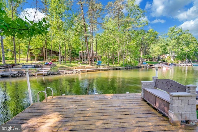 dock with a water view and view of scattered trees