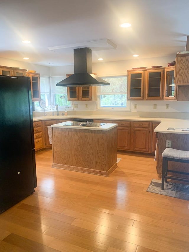 209 Raintree Rd, Verona, VA 24482 - kitchen featuring black appliances, island range hood, a kitchen island, glass insert cabinets, and healthy amount of natural light