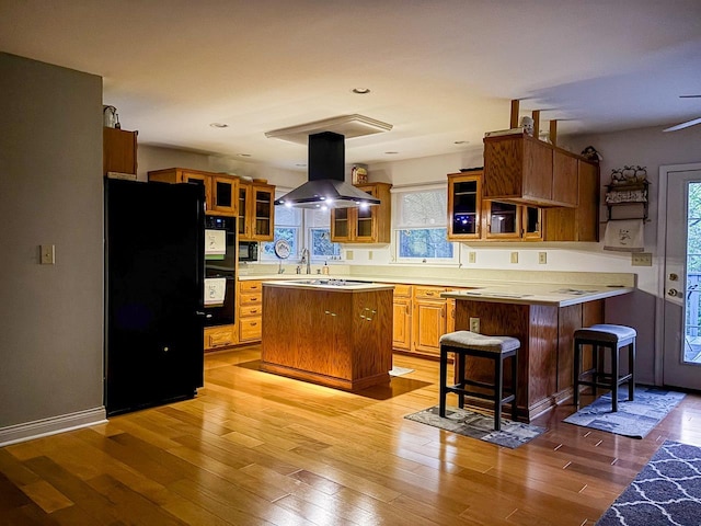 209 Raintree Rd, Verona, VA 24482 - kitchen with black appliances, island exhaust hood, a peninsula, and healthy amount of natural light