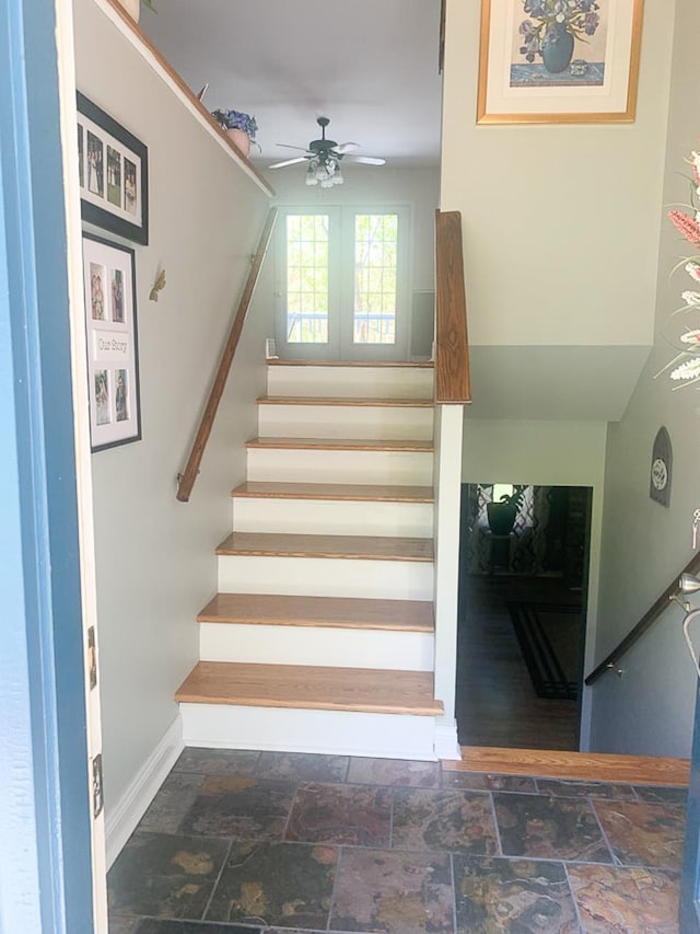 209 Raintree Rd, Verona, VA 24482 - stairway featuring stone finish floors, a ceiling fan, and baseboards