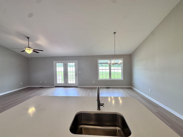 70 Spring Ridge Ln, Fairfield, VA 24435 - kitchen featuring wood finished floors, healthy amount of natural light, lofted ceiling, and ceiling fan