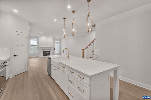 1367 Laconia Ln, Charlottesville, VA 22911 - kitchen with white cabinetry, ornamental molding, light wood-type flooring, light countertops, and recessed lighting