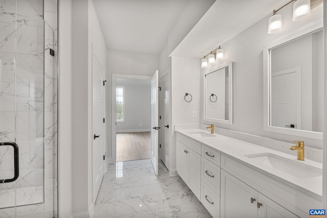 1367 Laconia Ln, Charlottesville, VA 22911 - full bathroom with marble look tiles, double vanity, and a marble finish shower