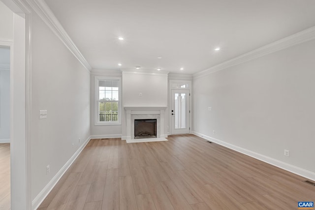 1367 Laconia Ln, Charlottesville, VA 22911 - unfurnished living room with crown molding, a high end fireplace, light wood finished floors, and recessed lighting