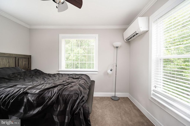 11603 Enchanted Woods Way, Fredericksburg, VA 22407 - bedroom with an AC wall unit, carpet floors, baseboards, multiple windows, and crown molding