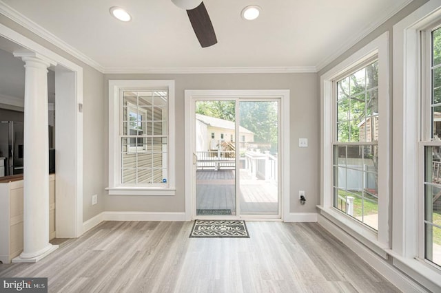 11603 Enchanted Woods Way, Fredericksburg, VA 22407 - entryway with a ceiling fan, light wood-type flooring, baseboards, crown molding, and ornate columns