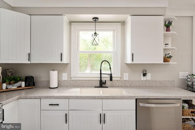 11603 Enchanted Woods Way, Fredericksburg, VA 22407 - kitchen with stainless steel dishwasher, a sink, open shelves, white cabinetry, and pendant lighting