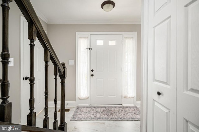 11603 Enchanted Woods Way, Fredericksburg, VA 22407 - foyer featuring marble look tiles, stairs, ornamental molding, and baseboards