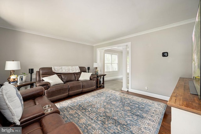 11603 Enchanted Woods Way, Fredericksburg, VA 22407 - living area with ornamental molding, baseboards, decorative columns, and wood finished floors