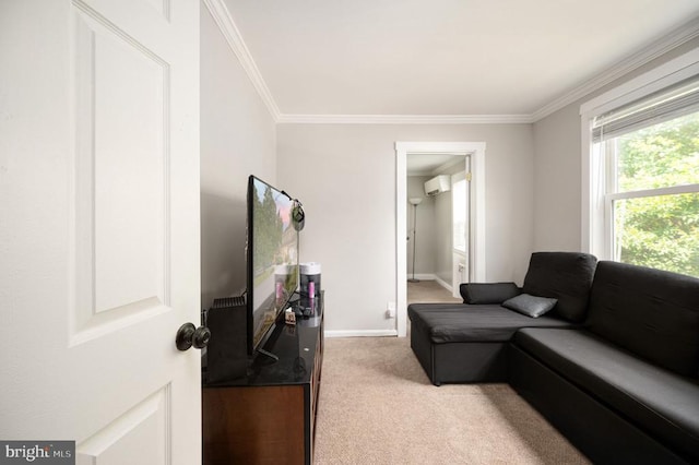 11603 Enchanted Woods Way, Fredericksburg, VA 22407 - carpeted living area with a wall mounted air conditioner, ornamental molding, and baseboards