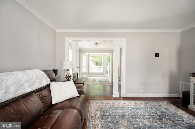 11603 Enchanted Woods Way, Fredericksburg, VA 22407 - living area with ornamental molding, dark wood finished floors, baseboards, and ornate columns