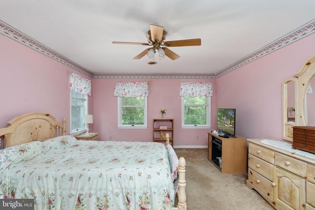 13403 Motts Run Rd, Fredericksburg, VA 22407 - bedroom with light carpet, ceiling fan, and baseboards