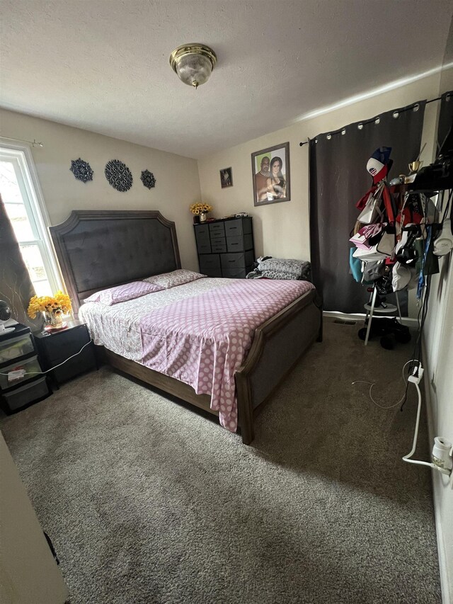 bedroom with a textured ceiling and carpet floors
