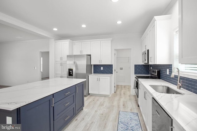 kitchen with appliances with stainless steel finishes, a sink, white cabinetry, tasteful backsplash, and light wood-type flooring