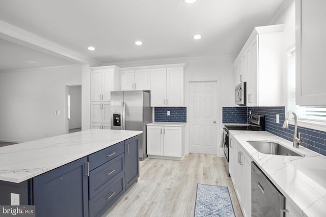 kitchen with appliances with stainless steel finishes, a sink, white cabinetry, backsplash, and light wood-type flooring