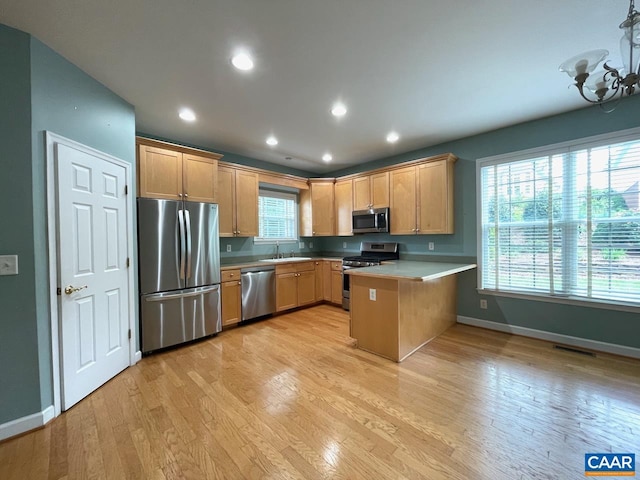1142 Redfields Rd, Charlottesville, VA 22903 - kitchen featuring appliances with stainless steel finishes, a peninsula, light wood-style floors, light countertops, and recessed lighting
