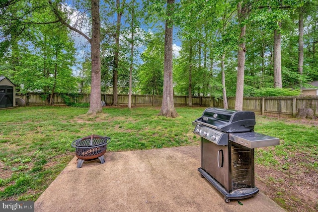 10118 New Scotland Dr, Fredericksburg, VA 22408 - view of yard with an outdoor fire pit, a patio area, and view of wooded area