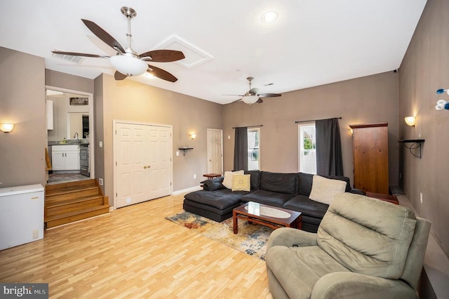 10118 New Scotland Dr, Fredericksburg, VA 22408 - living room with ceiling fan, light wood-type flooring, baseboards, and vaulted ceiling