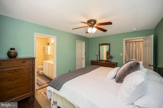 10118 New Scotland Dr, Fredericksburg, VA 22408 - bedroom featuring dark wood-style floors, ensuite bath, and ceiling fan