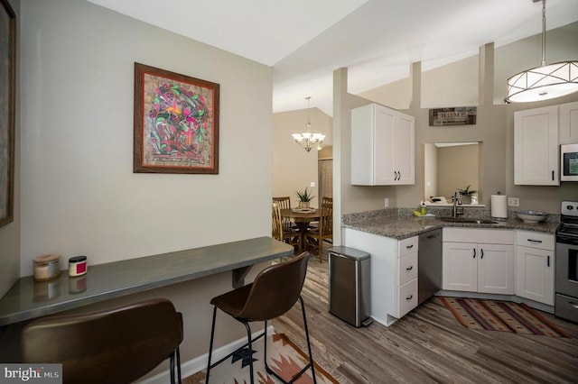10118 New Scotland Dr, Fredericksburg, VA 22408 - kitchen featuring appliances with stainless steel finishes, a sink, dark wood-type flooring, vaulted ceiling, and a chandelier