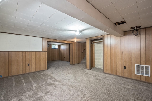 928 Baylor St, Staunton, VA 22401 - below grade area featuring wood walls, carpet, and stairs