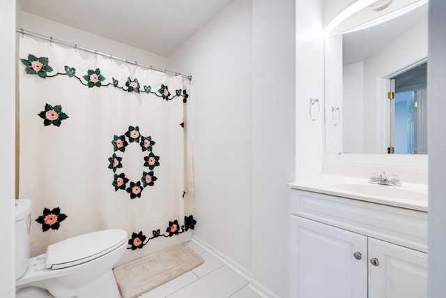 1045 Alexander Hamilton Ln, Harrisonburg, VA 22802 - bathroom featuring toilet, vanity, tile patterned flooring, baseboards, and a shower with shower curtain