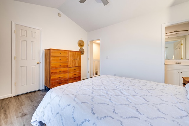 1045 Alexander Hamilton Ln, Harrisonburg, VA 22802 - bedroom with wood finished floors, vaulted ceiling, a ceiling fan, and ensuite bathroom