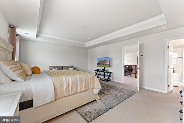 12804 Monterey Ct, Fredericksburg, VA 22407 - bedroom with a raised ceiling, light carpet, crown molding, and baseboards