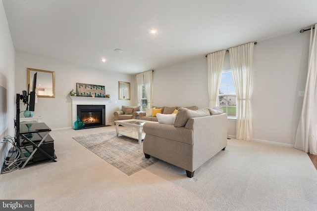 12804 Monterey Ct, Fredericksburg, VA 22407 - living room with light colored carpet, plenty of natural light, a fireplace with flush hearth, baseboards, and recessed lighting