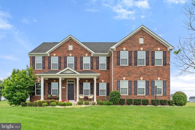 12804 Monterey Ct, Fredericksburg, VA 22407 - view of front of home featuring brick siding, a front lawn, and covered porch