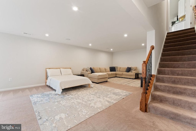 12804 Monterey Ct, Fredericksburg, VA 22407 - living room featuring light colored carpet, stairs, and recessed lighting