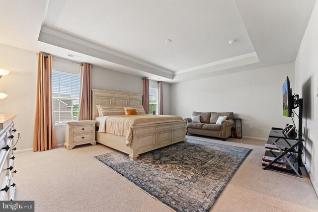 12804 Monterey Ct, Fredericksburg, VA 22407 - bedroom featuring a tray ceiling, light carpet, multiple windows, and crown molding