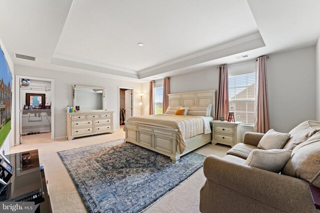 12804 Monterey Ct, Fredericksburg, VA 22407 - bedroom featuring a tray ceiling, light carpet, multiple windows, and ornamental molding