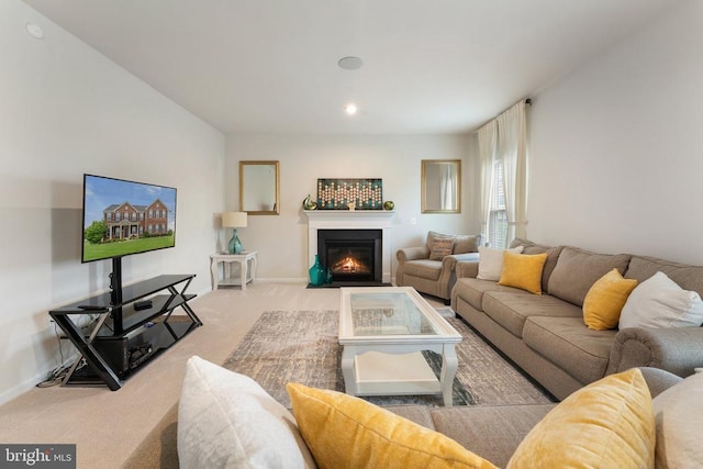 12804 Monterey Ct, Fredericksburg, VA 22407 - living area featuring carpet, a fireplace with flush hearth, baseboards, and recessed lighting
